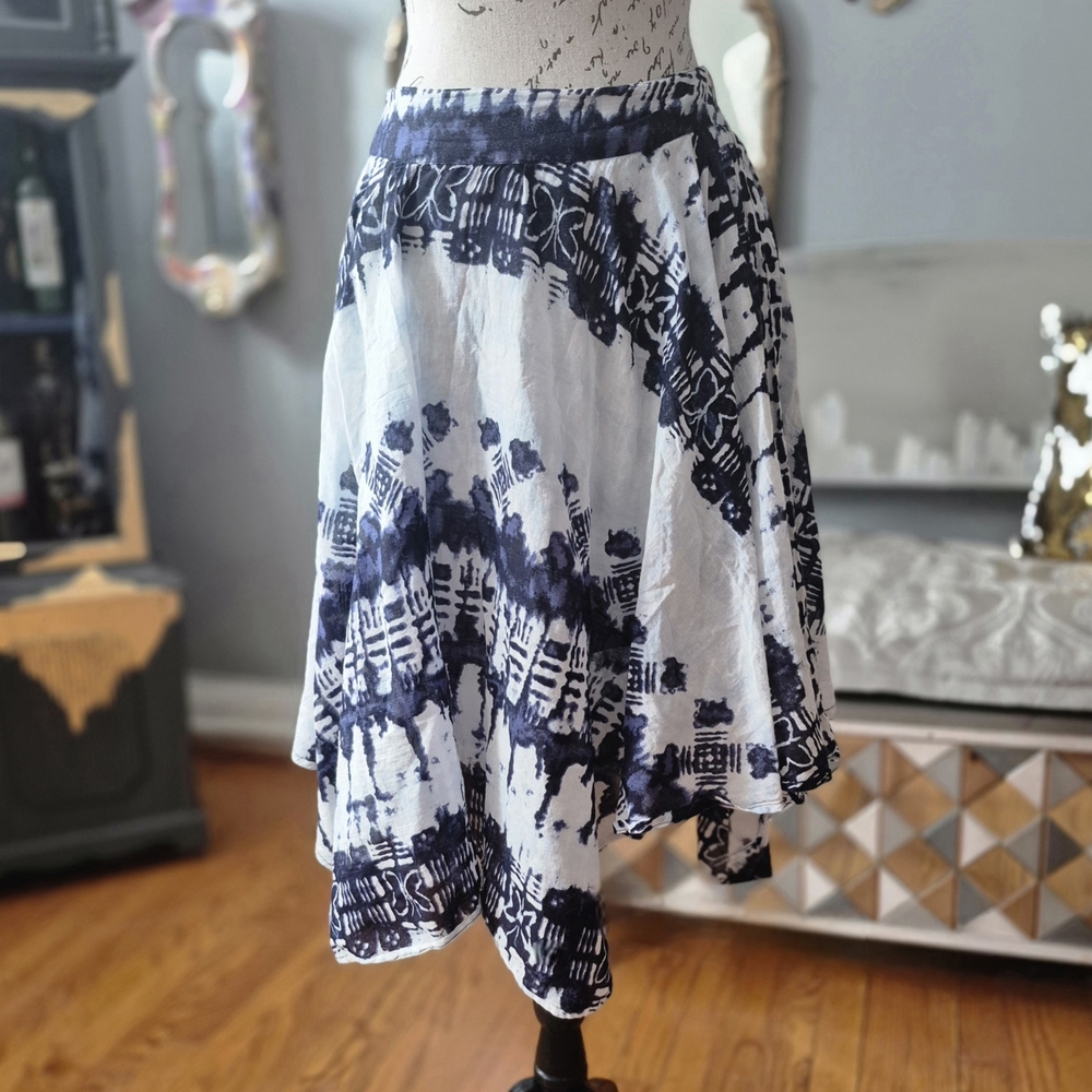 Studio West Boho Asymmetrical Navy and White Tie Dye Skirt Small